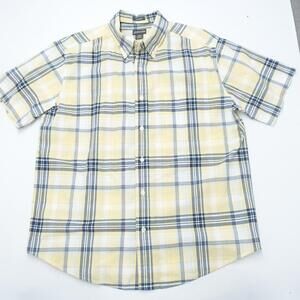 St. John's Shirt Men's Large Yellow Navy Plaid Cotton Short Sleeve Button-Down